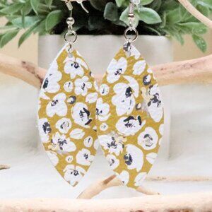 Mustard Yellow Floral Leather Petal Earrings